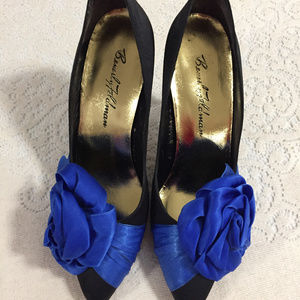 Beverly Feldman Black Yale Blue Satin Heels Shoes